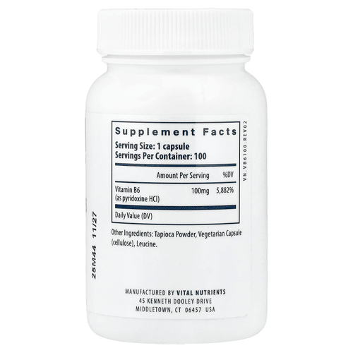 Vital Nutrients, Витамин B6, 100 веганских капсул (100 мг на капсулу)