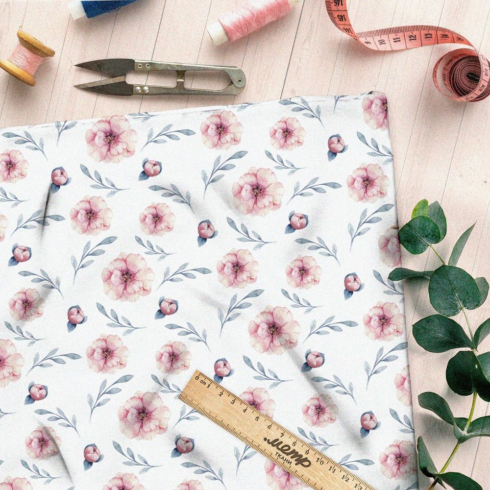 Ткань шелк Армани нежные цветы с веточками