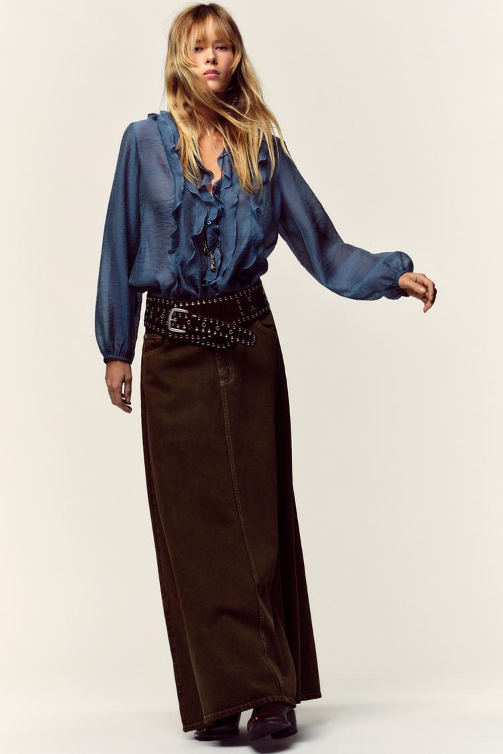 ZARA БЛУЗА С ВОЛАНАМИ, СЕРО-СИНИЙ