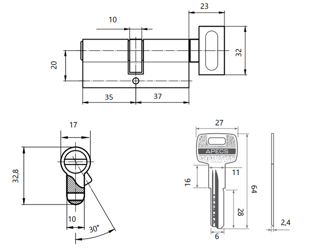 Цилиндровый механизм Apecs SM-72(35/37С)-С-NI