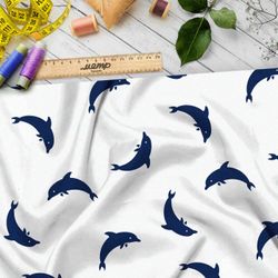 Ткань премиум флис синие дельфины на белом