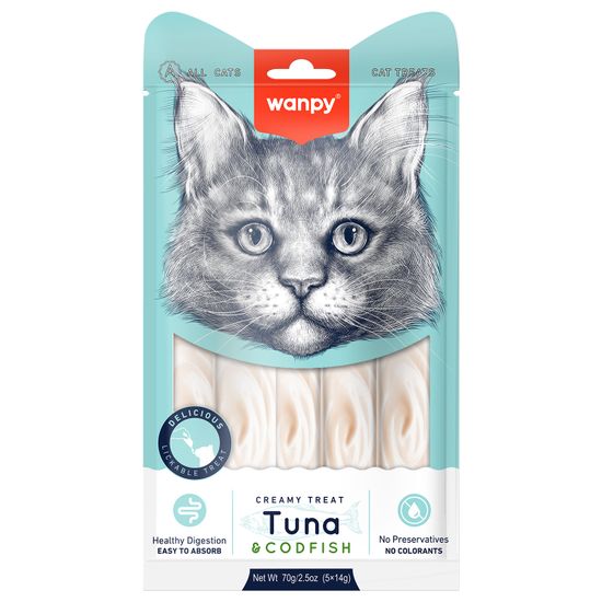 WanPy Cat Лакомство для кошек, Нежное Пюре из Тунца и Трески, 70 г