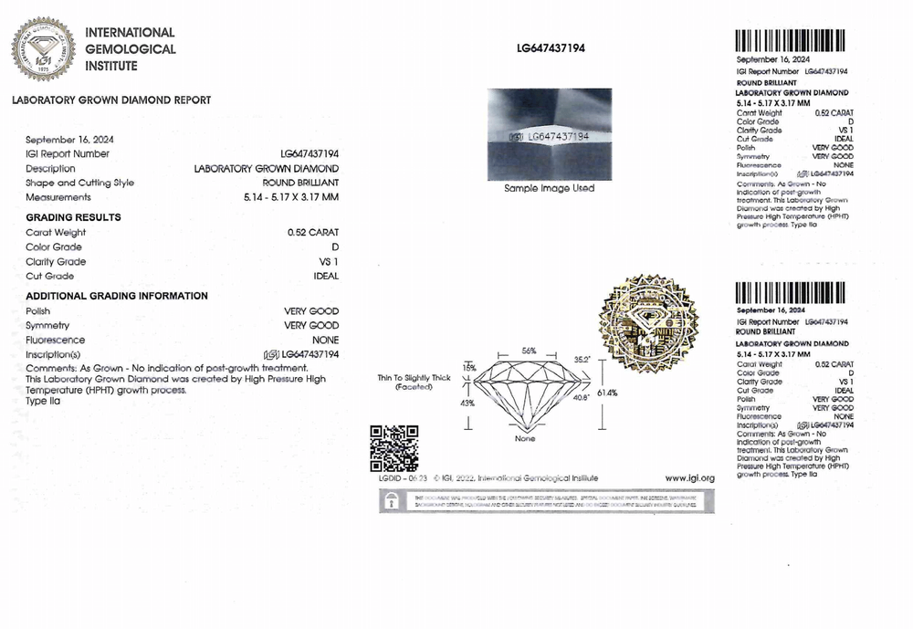 Лабораторно-выращенный бриллиант Кр-57 5.14-5.17 мм D/VS1 0.52 ct