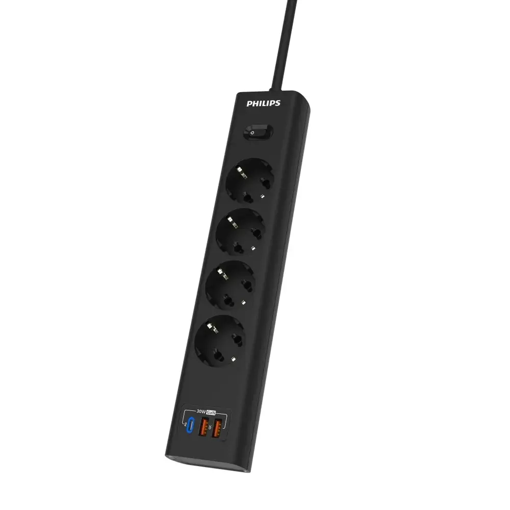 Сетевой фильтр удлинитель Philips CHP8246BA/51 с четырьмя стандартными розетками EU, 2 USB-A, Type-C, с заземлением и защитой от перегрузок, 2 м, черный
