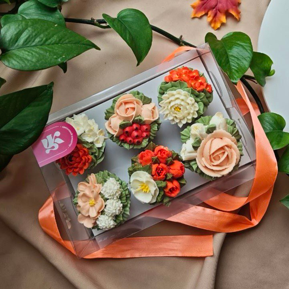 Набор “Осеннее ассорти” — 6 шоколадных горшочков с цветами из крема