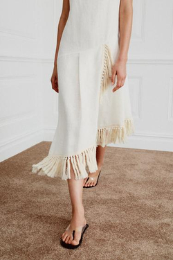 ZARA ПЛАТЬЕ ИЗ ЛЬНА С БАХРОМОЙ — ZW COLLECTION, СВЕТЛО-БЕЖЕВЫЙ