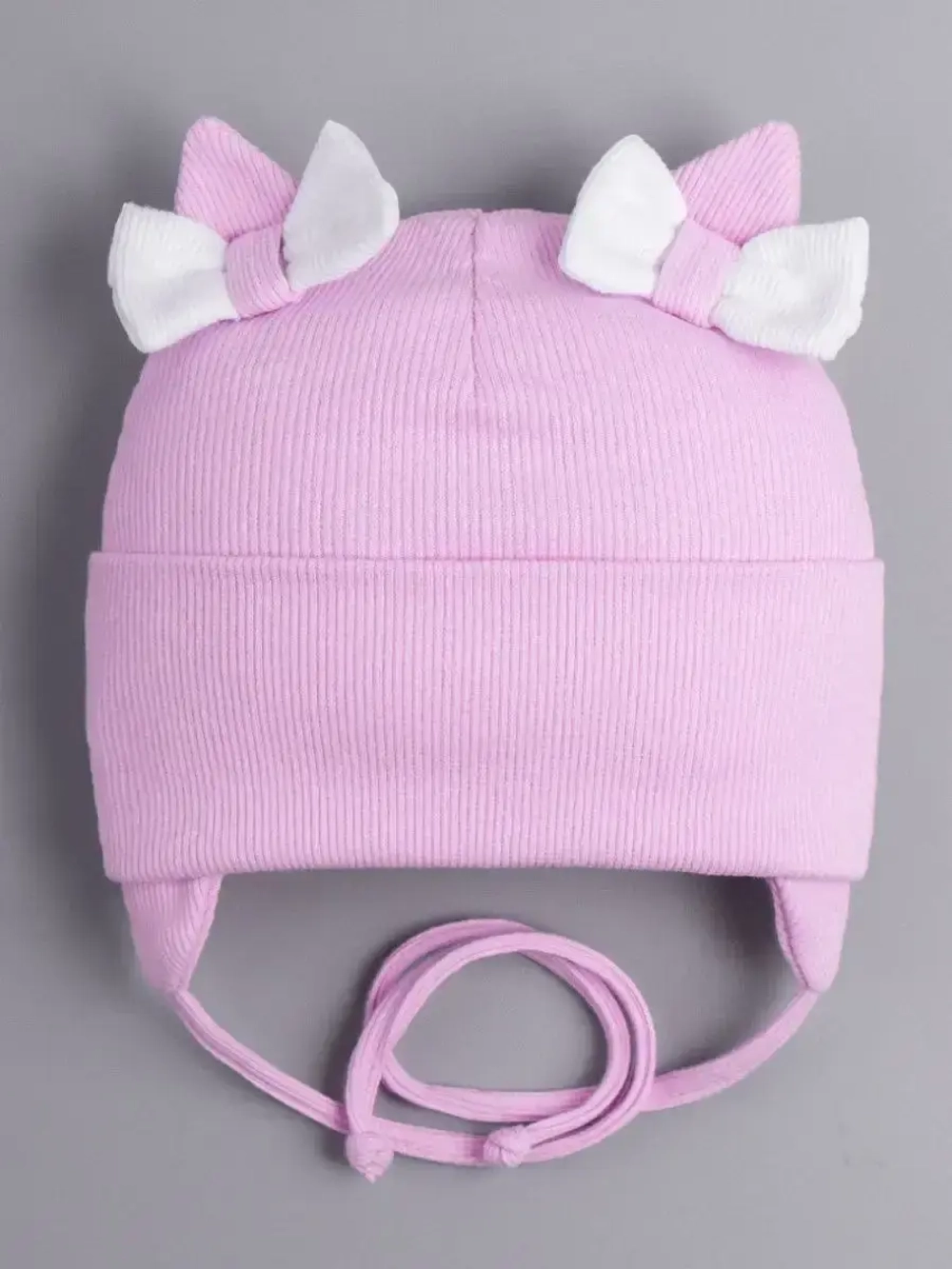 Шапка с ушками для девочки трикотажная на завязках