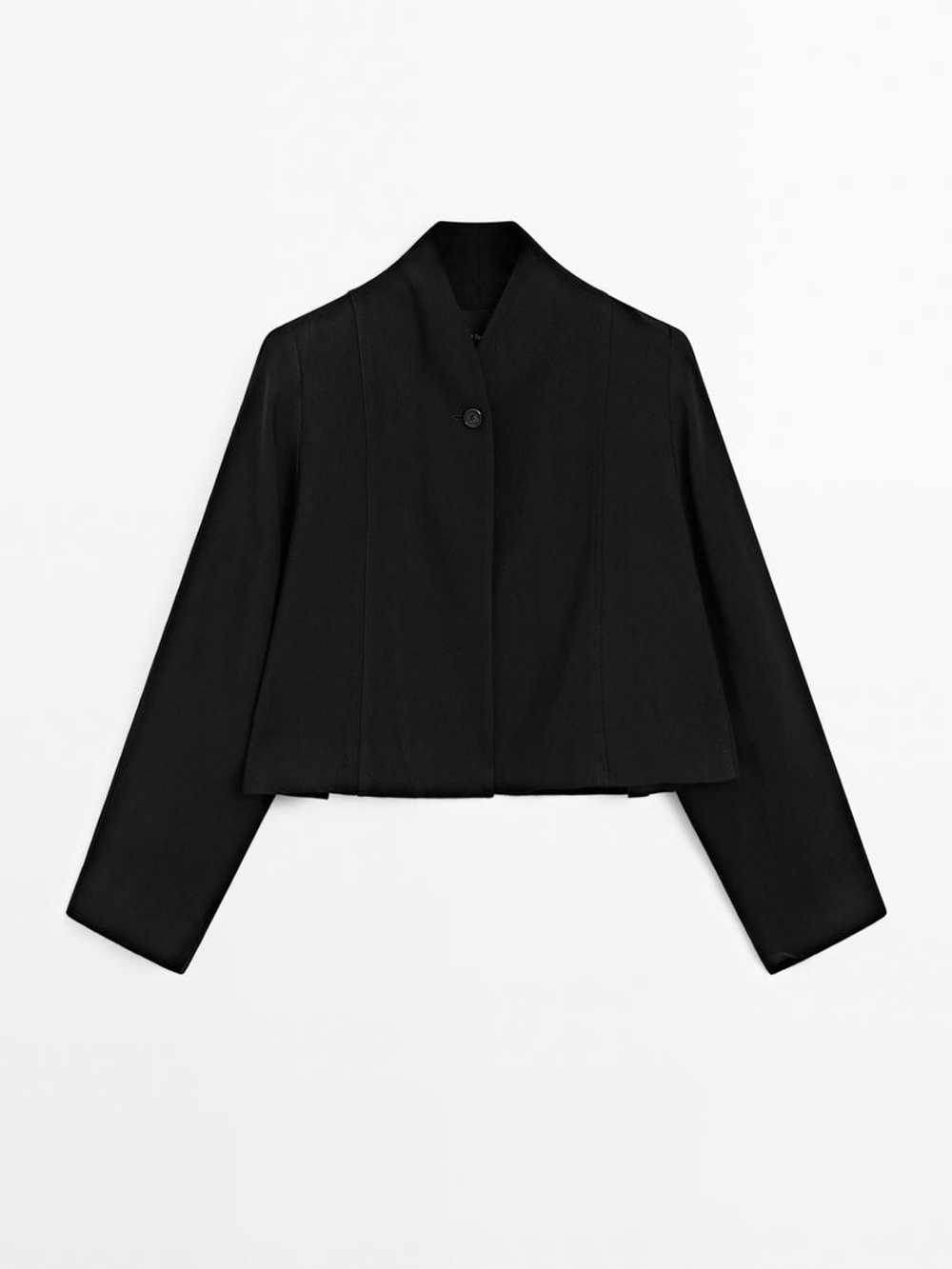 Massimo Dutti Короткий блейзер из смесовой льняной ткани, черный