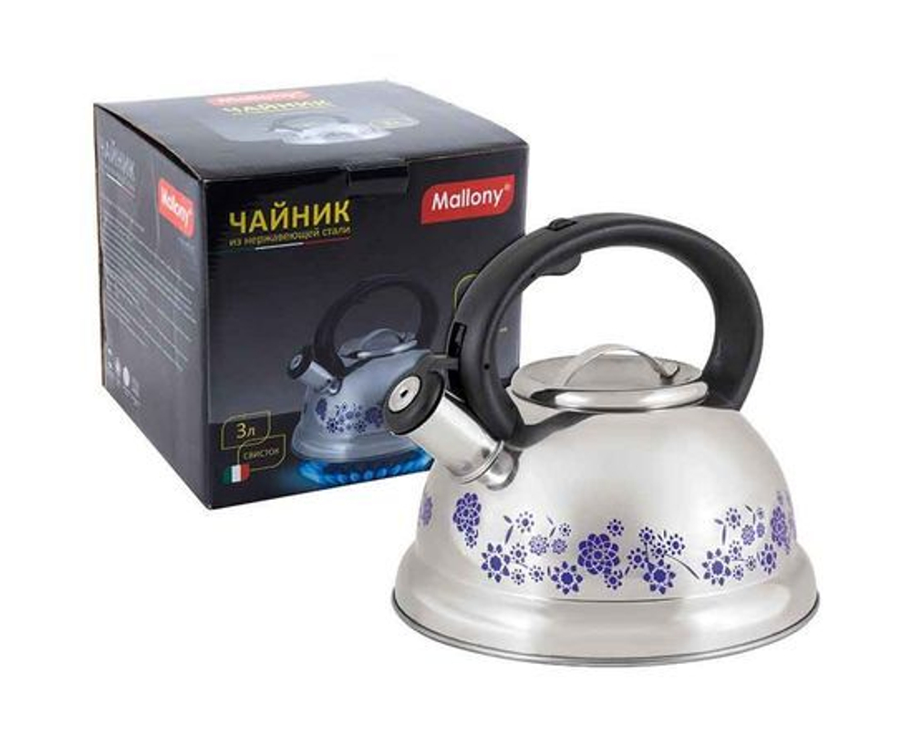 Чайник метал. со свистком (0,4мм) MAL-0417B, 3л, ручка нейлон, меняет цвет при нагрев., 2103 Mallony