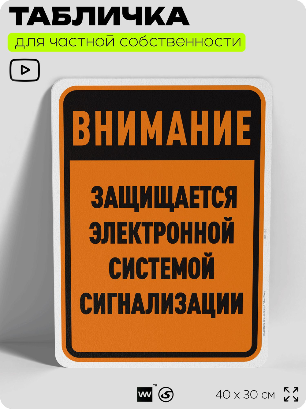 Табличка для частной территории "Внимание, защищается электронной системой сигнализации", на дом, для участка, организаций и частных территорий, 40х30 см, Silver Plane x Айдентика Технолоджи