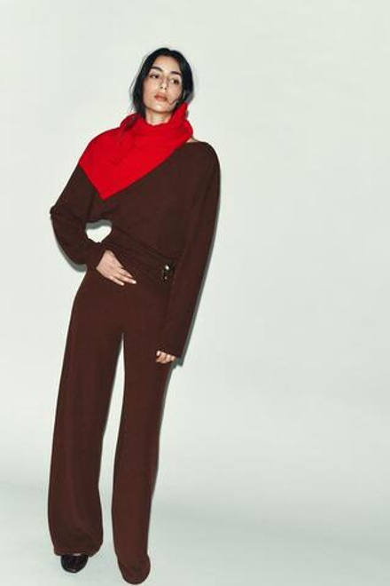 ZARA ШИРОКИЕ ФАКТУРНЫЕ БРЮКИ, КОРИЧНЕВЫЙ