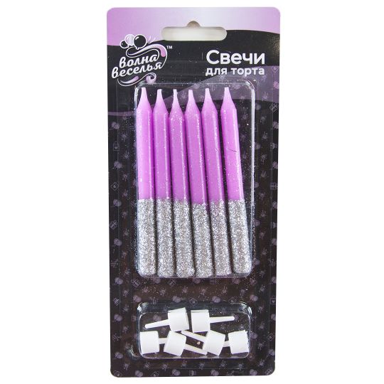 Свечи Сверкающий глиттер, Фуше/Серебро, с блестками, 0,77*8 см, 6 шт. с держат.