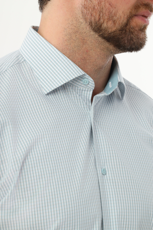 Сорочка мужская VESTER короткий рукав, мелкая серо-бирюзовая клетка, бамбук, пэ 86018 12