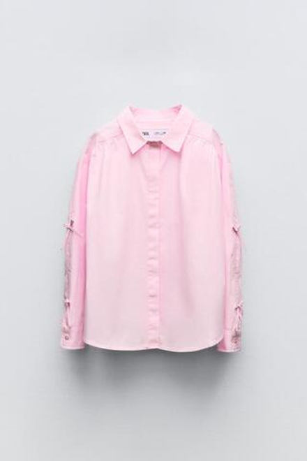 ZARA РУБАШКА ИЗ ПОПЛИНА С БАНТАМИ, РОЗОВЫЙ
