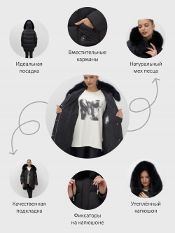 Куртка зимняя женская с мехом и капюшоном тренд черного цвета 7660Ch