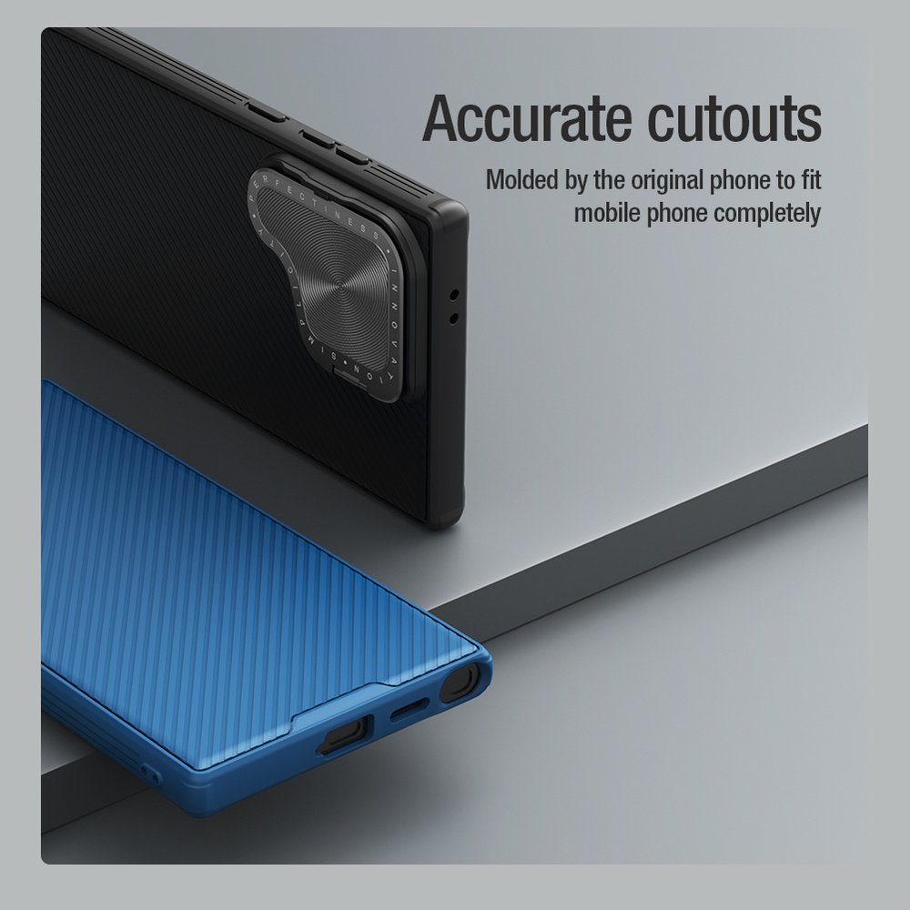 Чехол синего цвета от Nillkin для Samsung Galaxy S24 Ultra с металлической откидной крышкой и поддержкой магнитной беспроводной зарядки MagSafe, серия CamShield Prop Magnetic Case