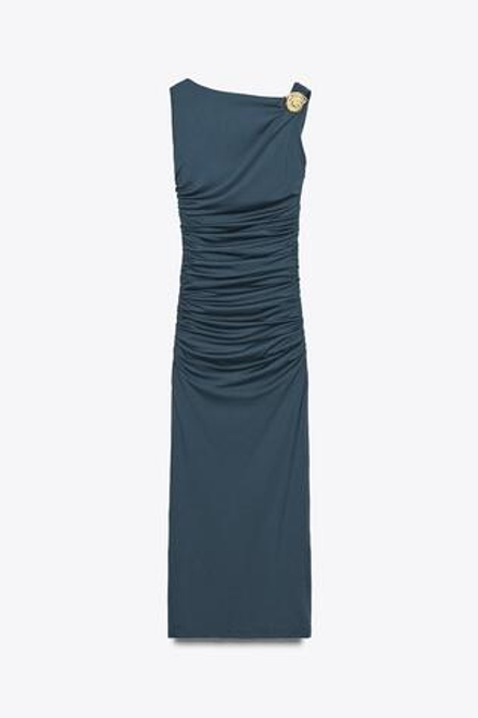 ZARA ПЛАТЬЕ ИЗ ПОЛИАМИДА С РАКУШКОЙ, МОРСКОЙ СИНИЙ