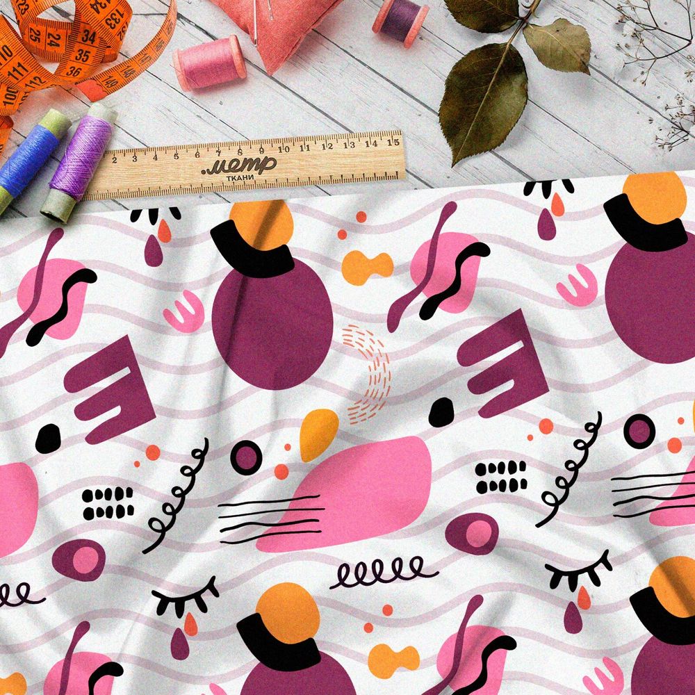 Ткань кулирная гладь сиреневые космические пятна на белом фоне с волной