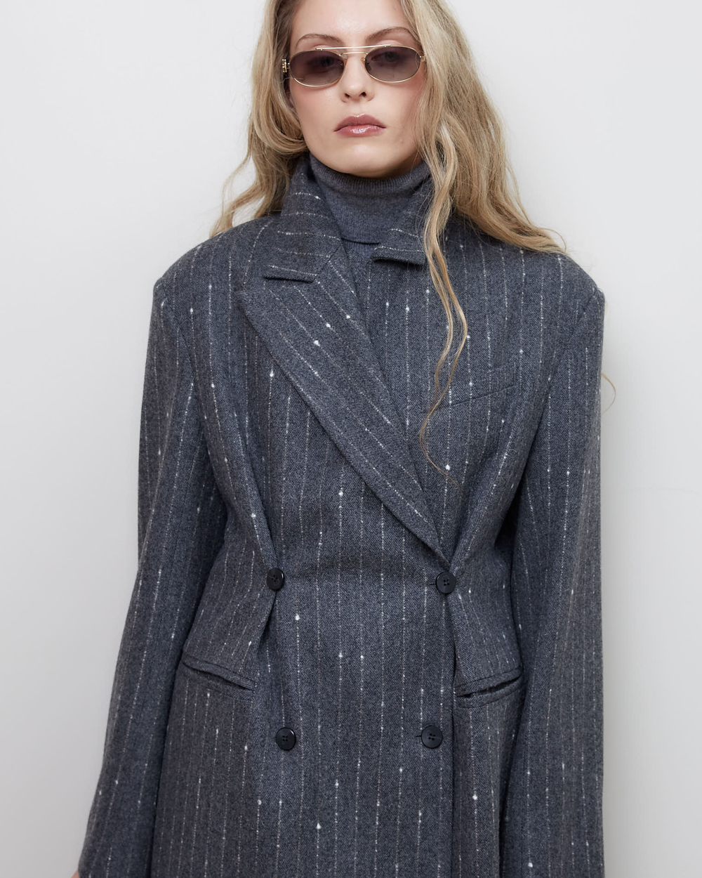 Пальто с дополнительными петлями из шерсти Стелла Маккартни полоска серый