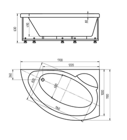 Акриловая ванна Aquatek (Акватек) Аякс 2 170x110 L, с каркасом, с фронтальной панелью, со сливом-переливом