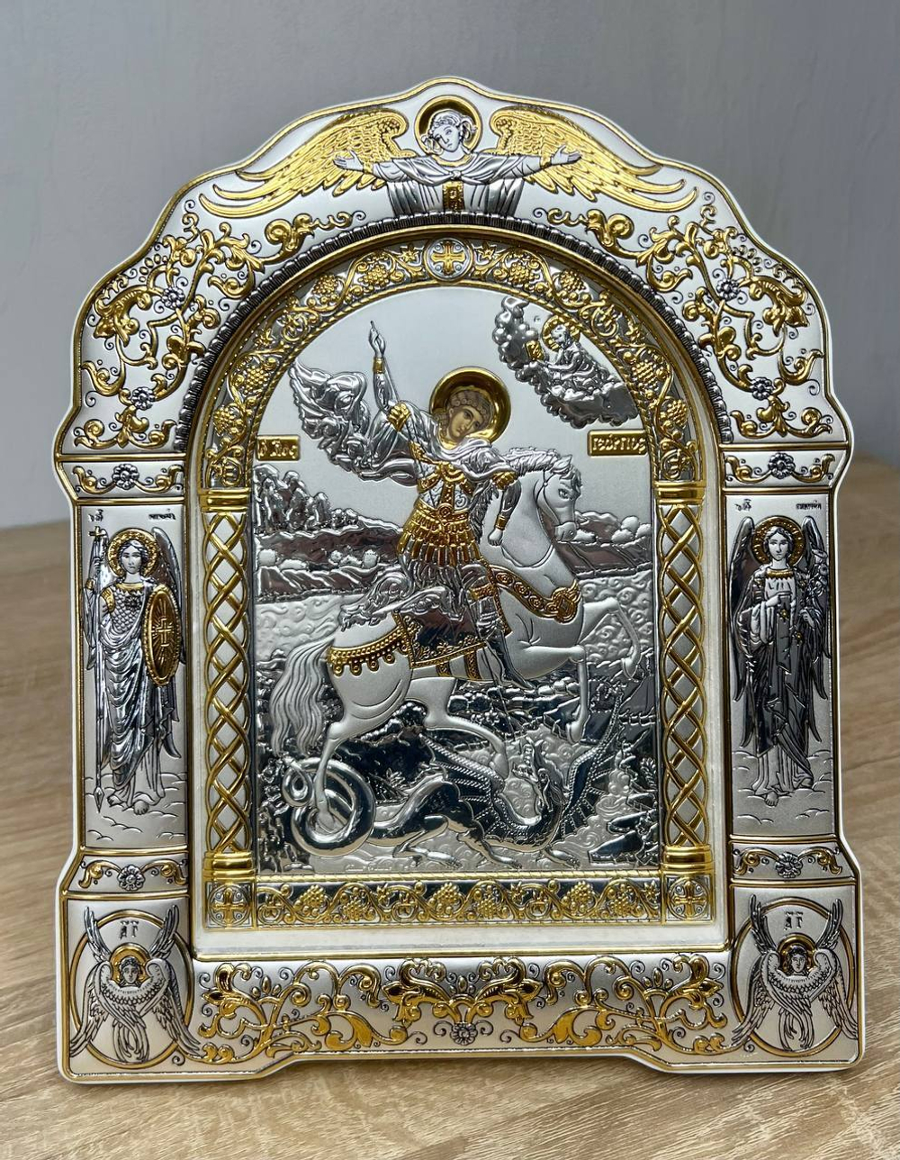 Георгий Победоносец, икона арочная с рамкой под стеклом, белое дерево 266х335