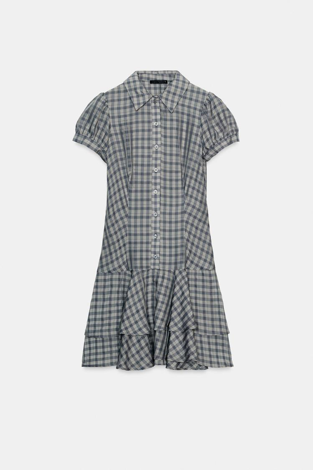 ZARA КОРОТКОЕ ПЛАТЬЕ В КЛЕТКУ С ВОЛАНАМИ, ОТТЕНКИ СЕРОГО
