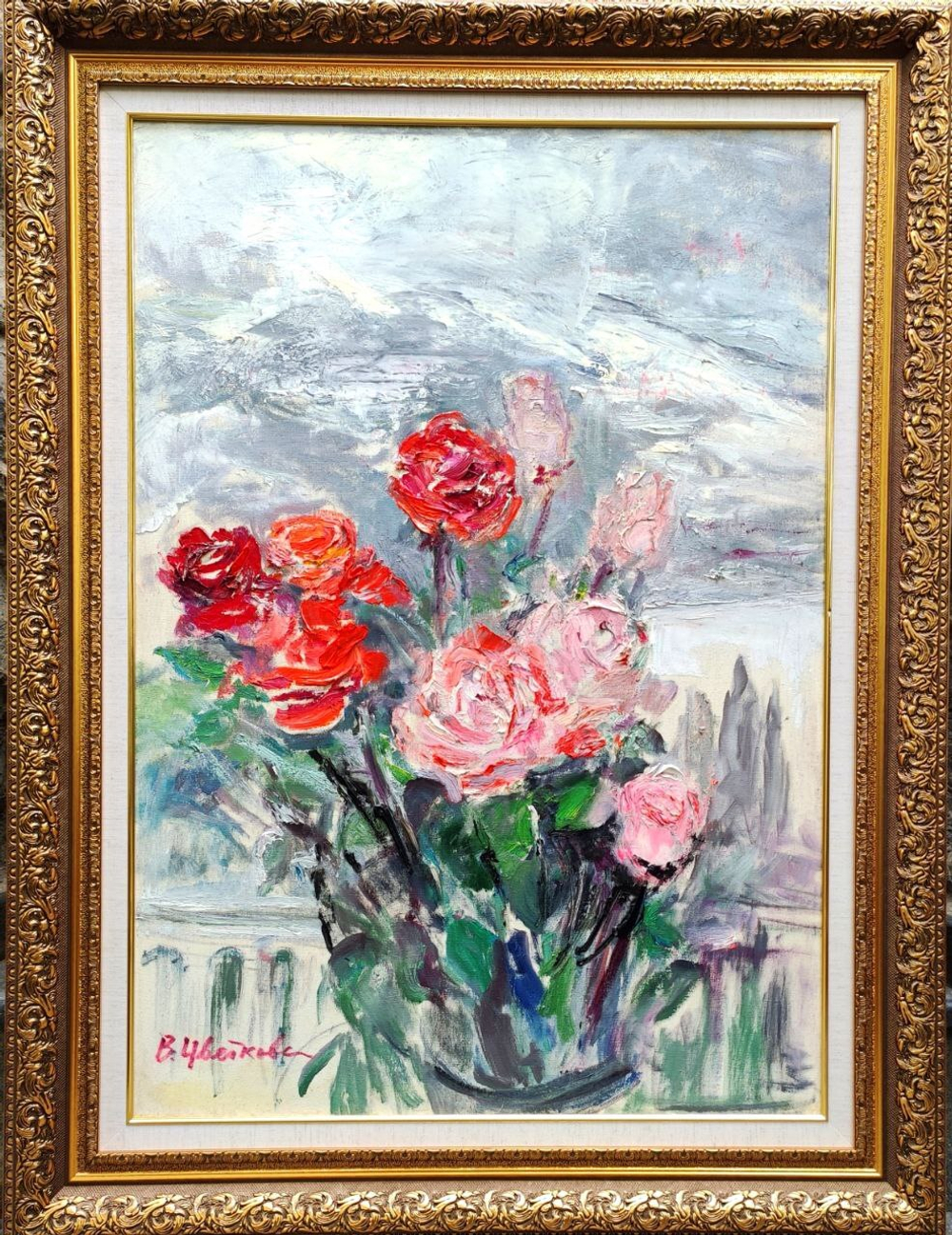 Картина Цветковой В.П. "Крымские розы и снег" холст/масло 100х70