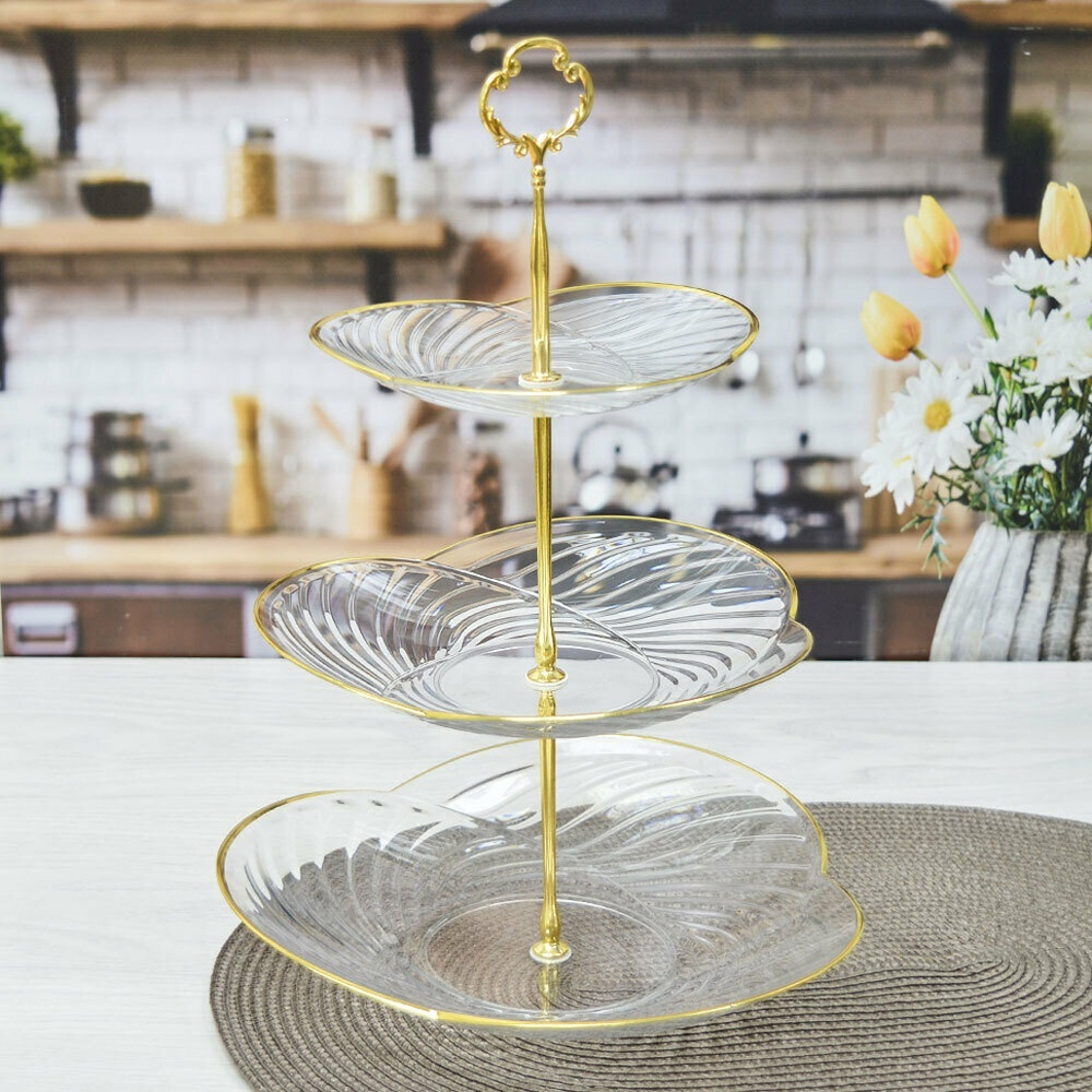 Фруктовница 3-х ярусная 35*24см прозрачная с золотой каймой, PP