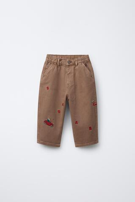 ZARA БРЮКИ BAGGY ИЗ ТВИЛА С ВЫШИВКОЙ BABAR ™, СВКТЛО-КОРИЧНЕВЫЙ