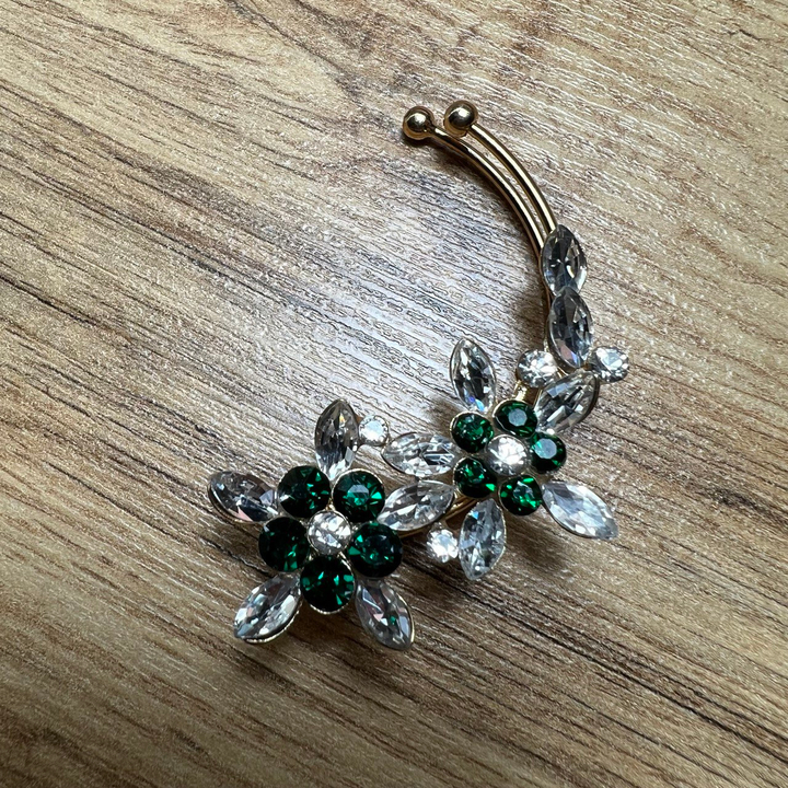 Серьга-кафф 2 цветка с листьями кристалл цвет серебристый зеленый металл золотистый