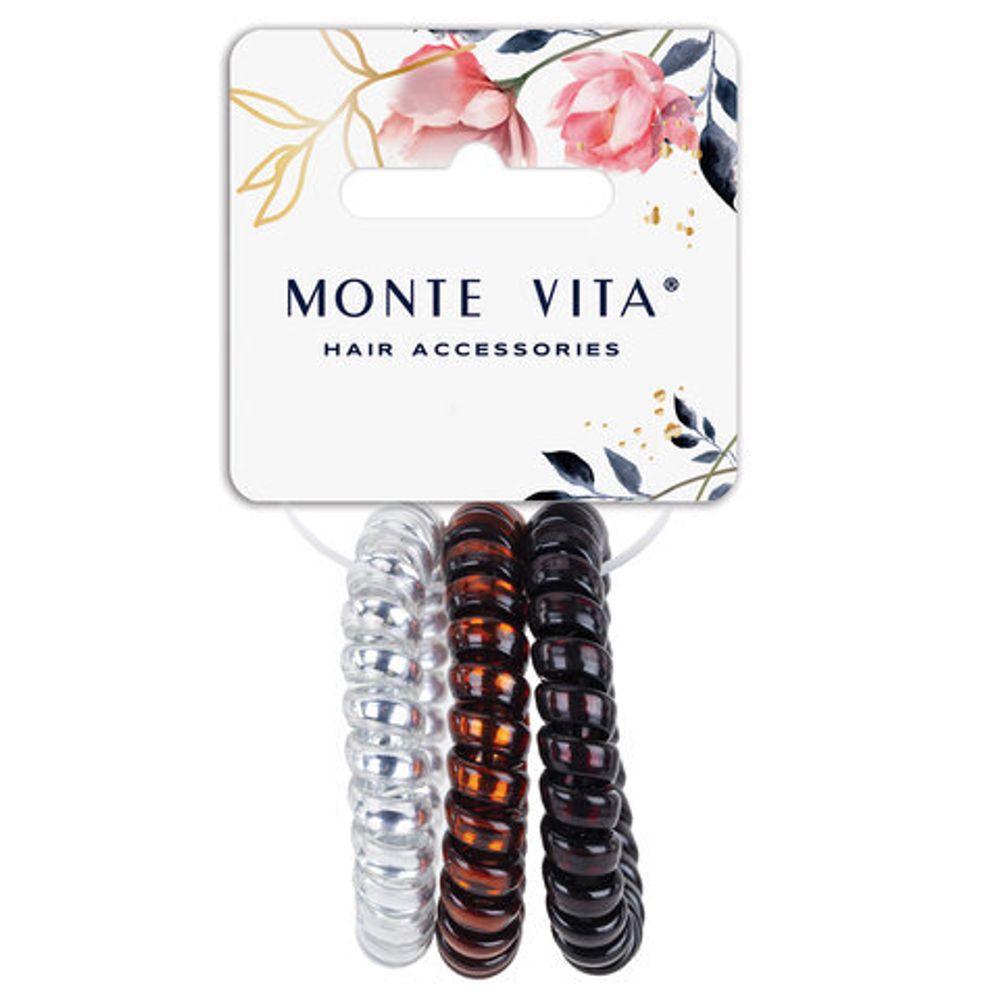 Резинки для волос НАБОР 3 шт., диаметр 5 см, пружинка, чёрный, серебристый, коричневый, MONTE VITA, 457057