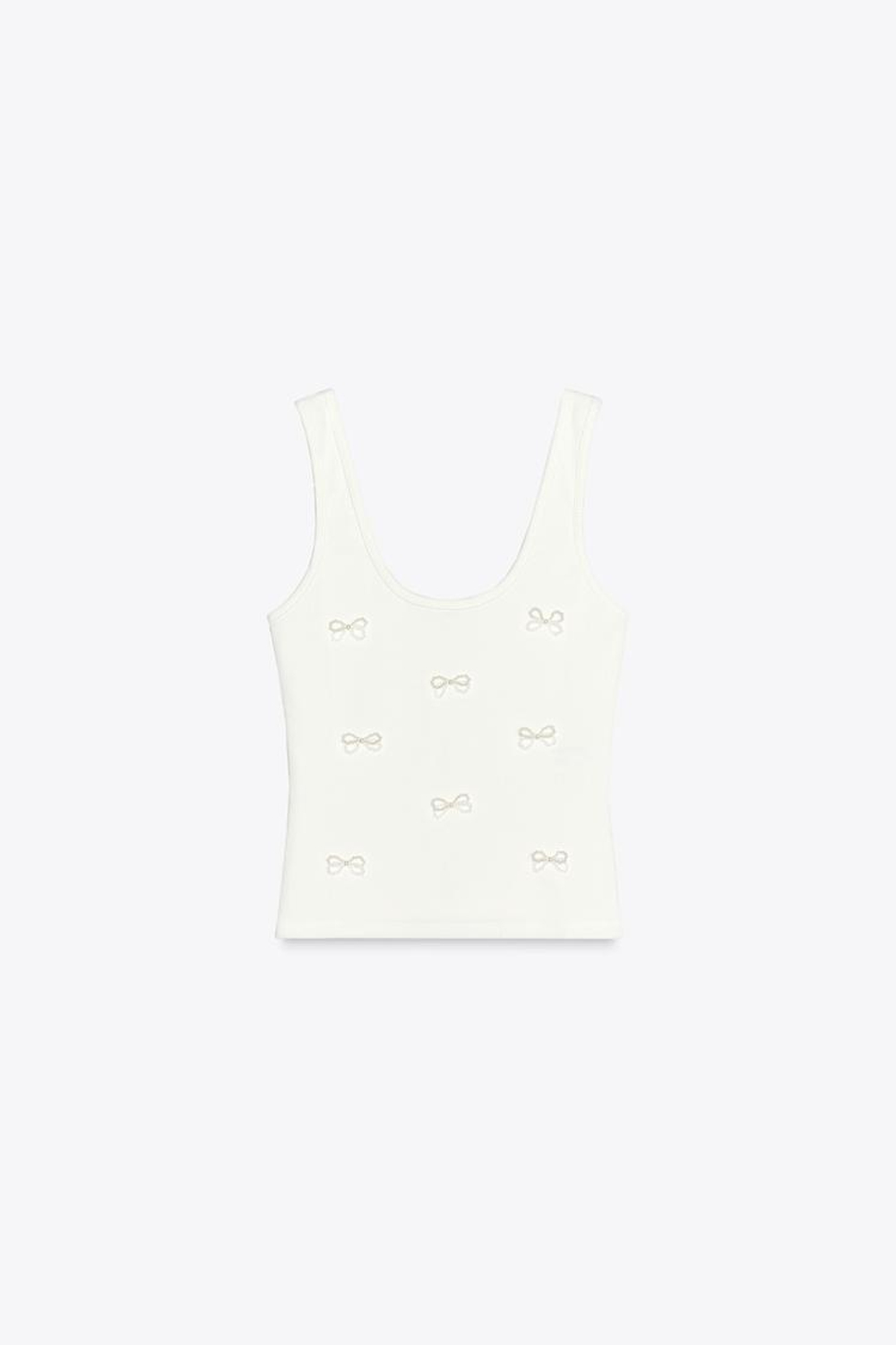 ZARA ТОП С БАНТАМИ ИЗ СТРАЗОВ И БУСИНАМИ, БЕЛЫЙ