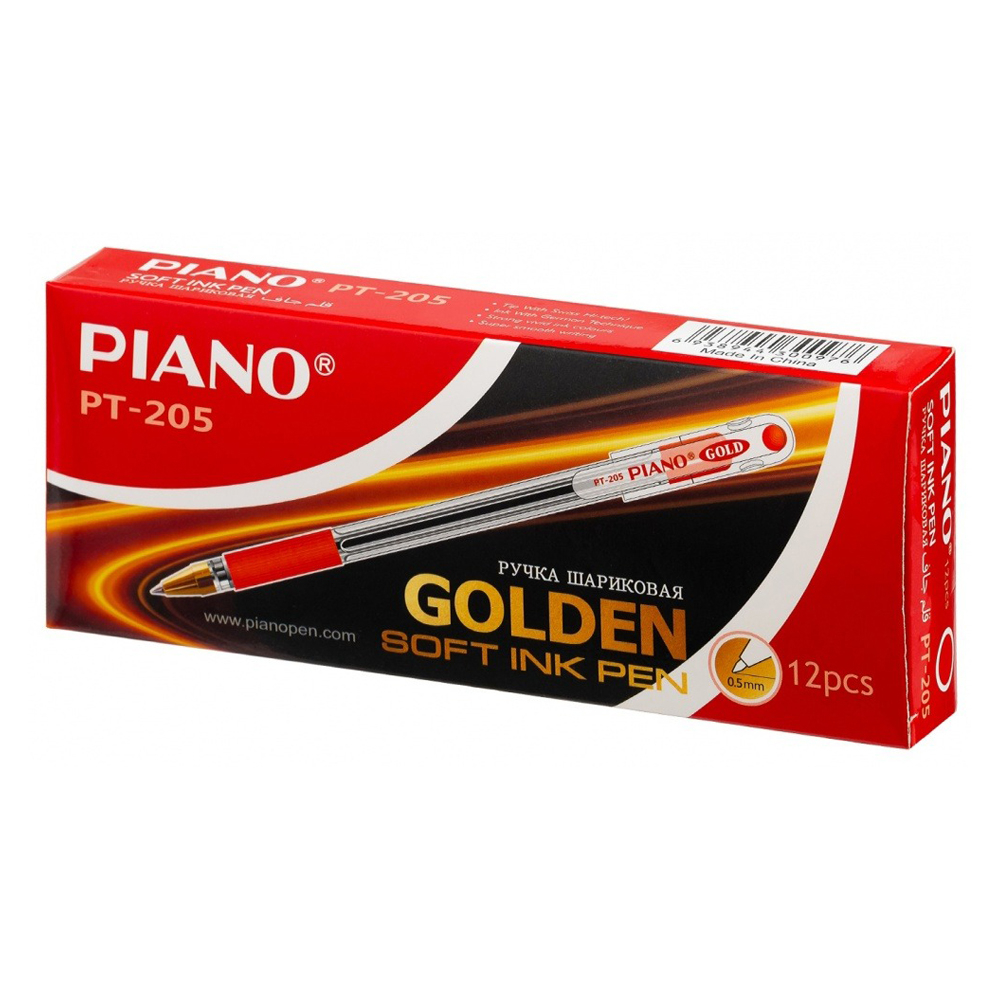 Ручка шариковая, масляная, Piano, красные чернила, серия "Gold", прозрачный корпус, 12 шт