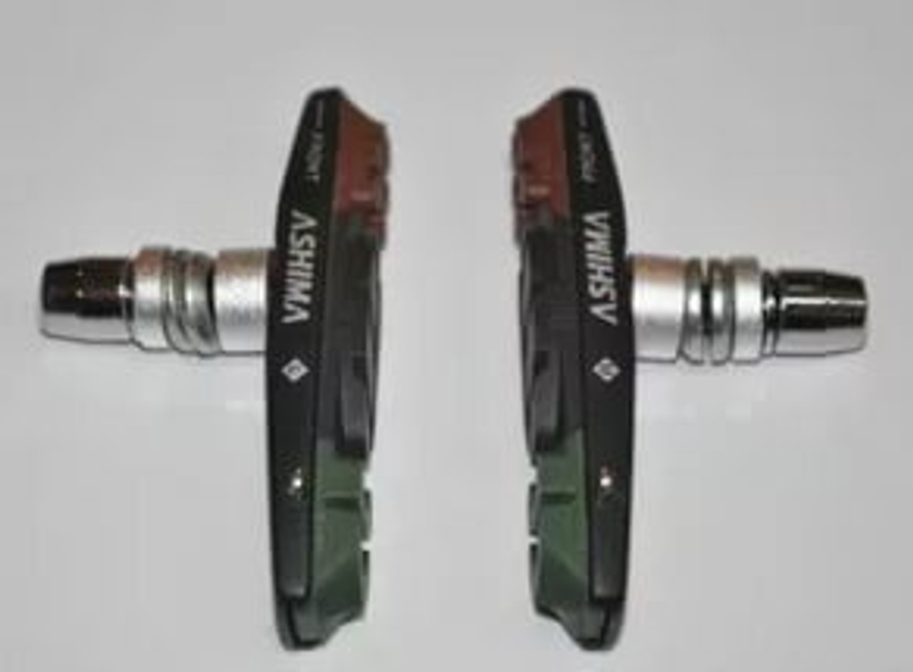Колодки ASHIMA картриджные для V-brake, 72мм., всепогодные. Корпус-чёрный. Картридж-коричн-чёрно-зел