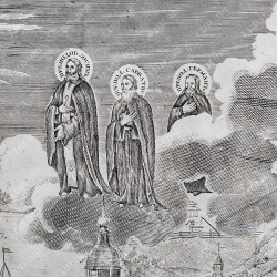 Преподобные Зосима, Савватий и Герман на гравюре Вид Соловецкого монастыря