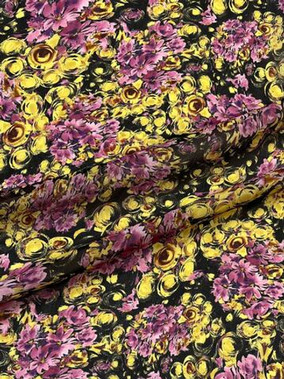 Шелк шифон Giambattista Valli черный с желто-розовым цветочным принтом