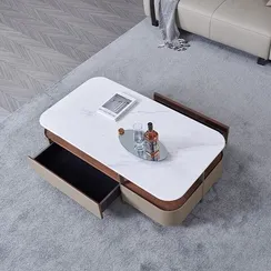 Журнальный столик 4636, белая керамика, шпон ореха, бежевая экокожа