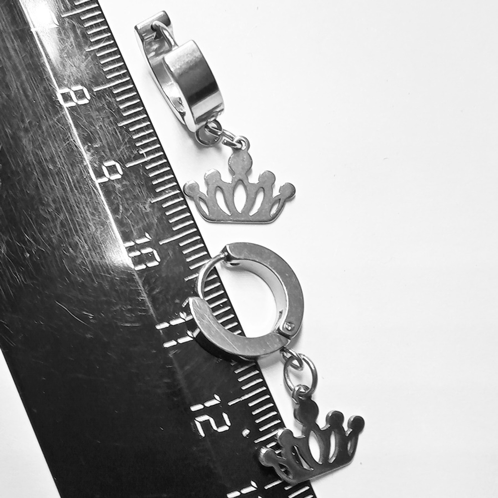 Серьги кольца с подвеской "Корона" (10х12мм) для пирсинга ушей. Медицинская сталь. Цена за пару!