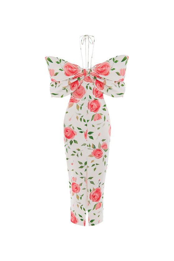 Платье миди из атласа с цветочным принтом с воротником-бантом