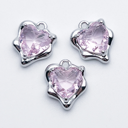 Подвеска Сердце, цвет серебро (родий) + розовый, размер 13*10 мм, цена за 1 шт