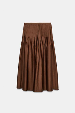 ZARA ЮБКА МИДИ СО СКЛАДКАМИ, ТЕМНО-КОРИЧНЕВЫЙ