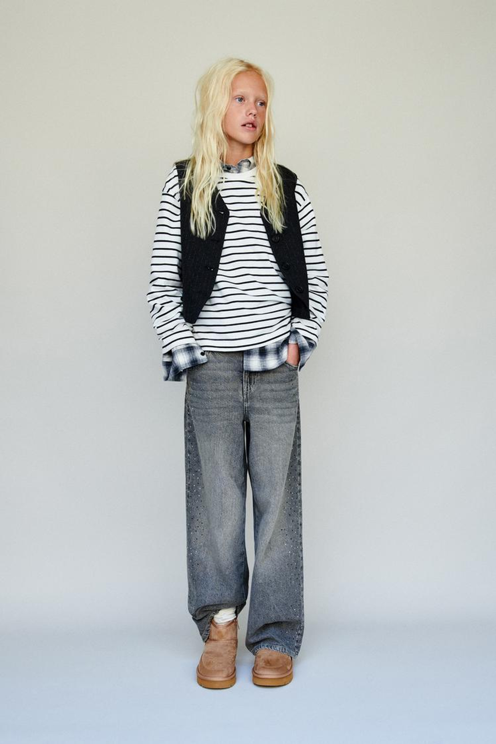 ZARA ДЖИНСЫ WIDE LEG СО СТРАЗАМИ, СЕРЫЙ