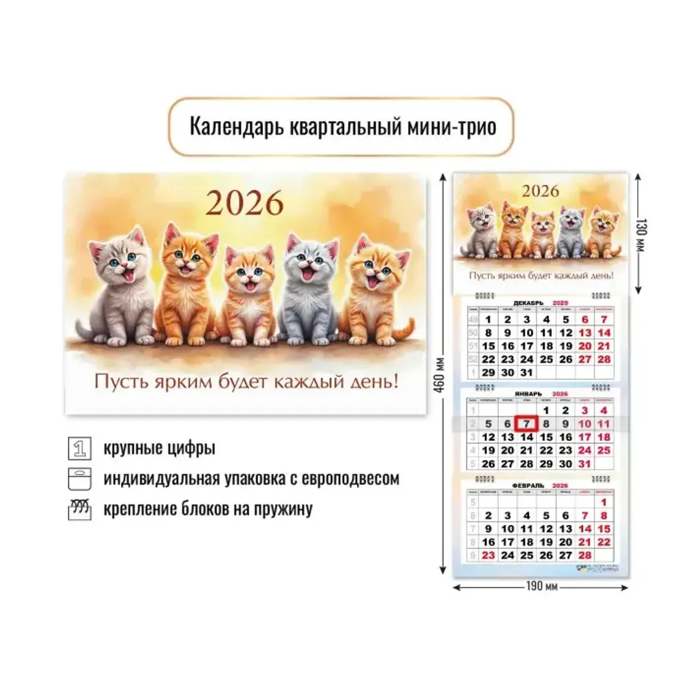 Календарь мини-трио 2026 котики