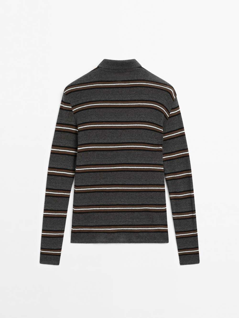 Massimo Dutti Свитер в полоску с воротником поло, серый меланж