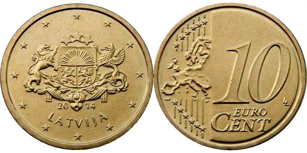 Латвия 10 евроцентов, 2014-2022 XF