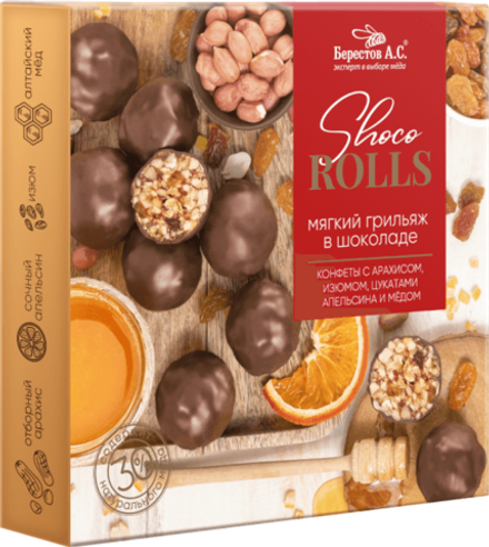 Мягкий Грильяж Shoco Rolls с арахисом, изюмом, цукатами апельсина и медом 135г