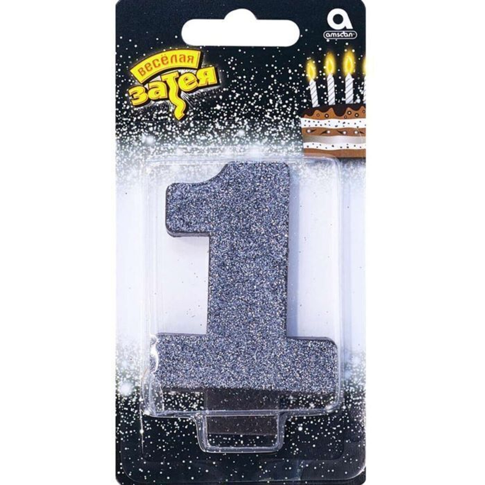 Свеча -цифра "1" Черная глиттер 8см/A