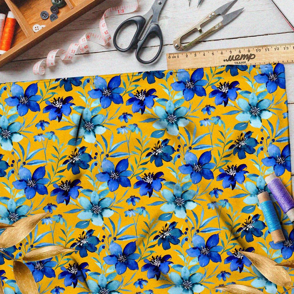Ткань интерлок синие цветы на жёлтом фоне