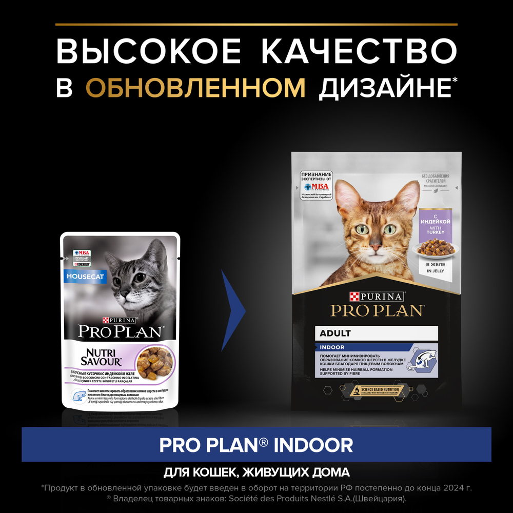 Влажный корм PRO PLAN INDOOR для взрослых кошек живущих дома индейка в желе 85г x 26 шт