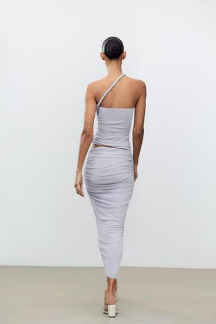 ZARA ДЛИННАЯ ЮБКА СО СБОРКОЙ, СЕРО-СИНИЙ